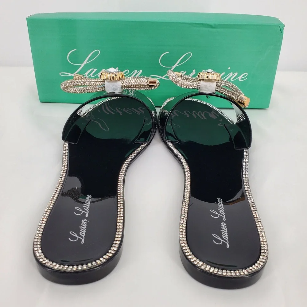 Lauren‎ Lorraine Breeze Black Jelly Slide Sandals Rhinestone Bow Womens 7.5 New